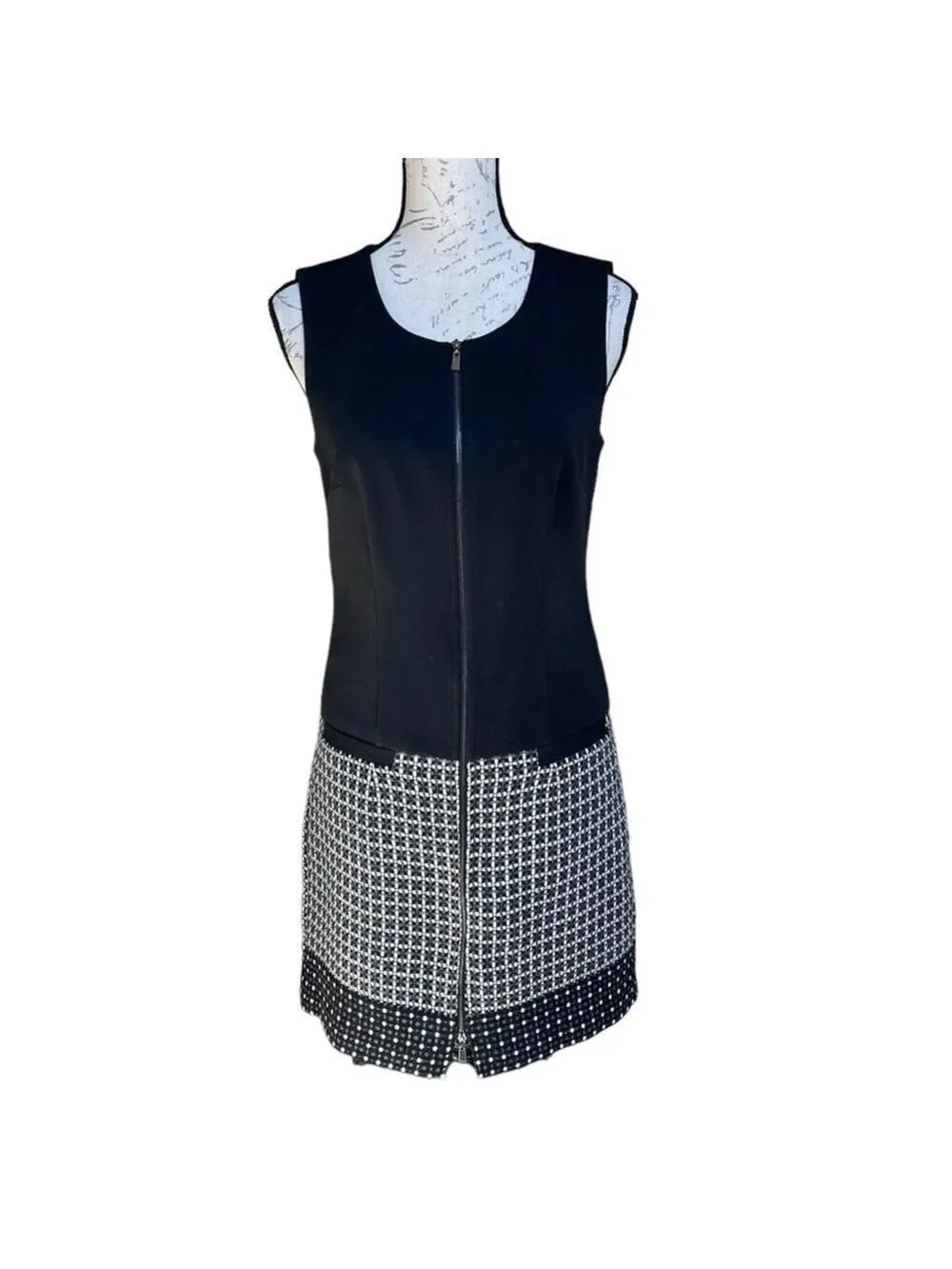 Laundry BY SHELLI SEGAL - Front Zip Black & White Tweed Mix Media Dress Sz 6 - Picture 3 of 16